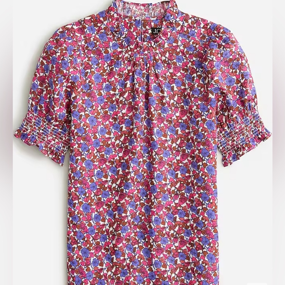 J.Crew Smocked linen puff-sleeve top in berry floral